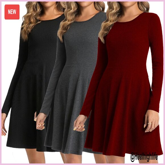 Dresses & Skirts - Long Sleeve Ribbed Knit A-Line Dress Elastic Waist Casual Winter